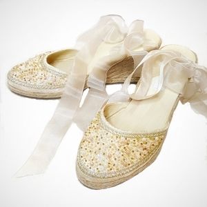 Steve Madden Wedge Embroidered & Beaded Champagne Espadrilles, Sz 8